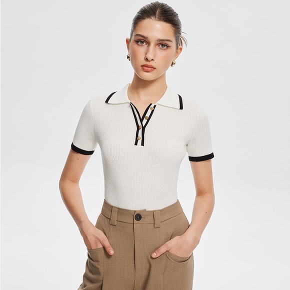 Commense Tops - Commense Contrast Trim Metal Button Knit Top - White/Black - Size XS - NWT
